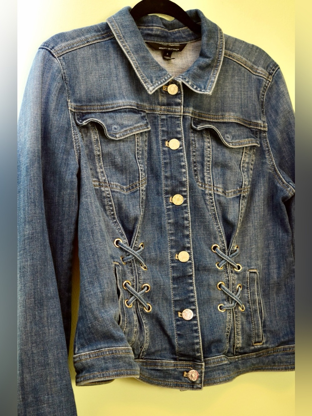 White House Black Market Lace Up corset Denim Jean Jacket L